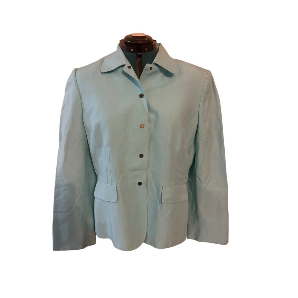 Tahari Buisness Career Women’s Blue Linen Blend Snap Front Blazer EUC Size 16